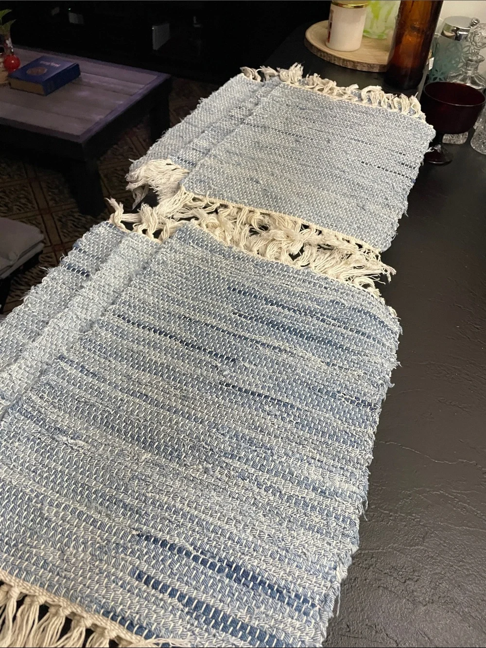 Handwoven Blue & Cream Fringed Place Mats-Set of 6
